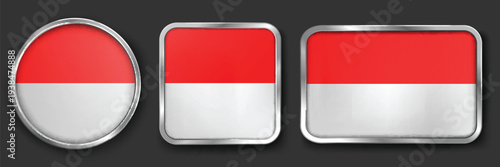 INDONESIA Metallic Flag Collection, Circular, Square and Rectangular INDONESIA Flag Badges Set