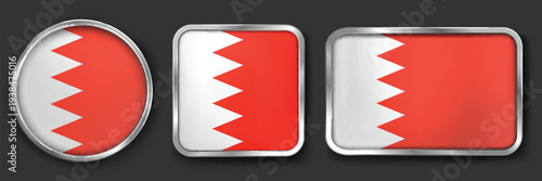 BAHRAIN Metallic Flag Collection, Circular, Square and Rectangular BAHRAIN Flag Badges Set