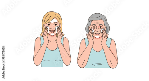 Two women applying skincare products, illustrated in a modern flat style, perfect for health and beauty themes
