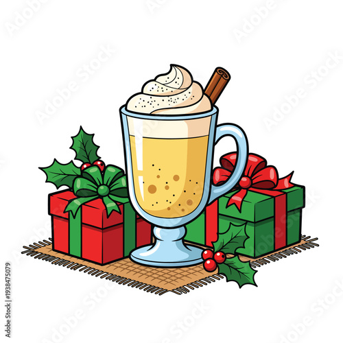 Festive eggnog drink with whipped cream and cinnamon, surrounded by gifts and holly on a wooden surface.