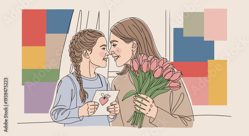 A heartwarming illustration of a woman and child sharing a loving moment, featuring a minimalist style with soft colors