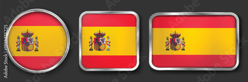 SPAIN Metallic Flag Collection, Circular, Square and Rectangular SPAIN Flag Badges Set