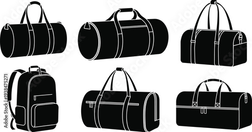 Vector set of various bag silhouettes including duffel bags and backpack, luggage icons for travel and fitness, isolated on white,