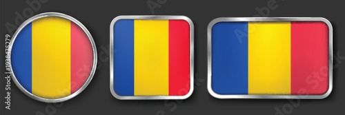 ROMANIA Metallic Flag Collection, Circular, Square and Rectangular ROMANIA Flag Badges Set