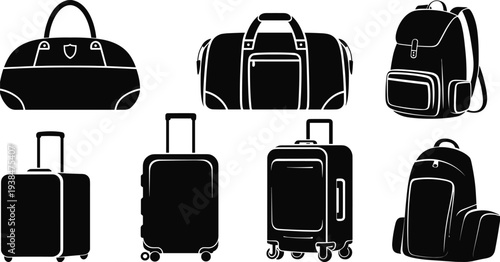 Travel luggage and bag silhouette collection featuring suitcases on wheels, backpacks, duffel bags, and briefcase icons for tourism graphic design.
