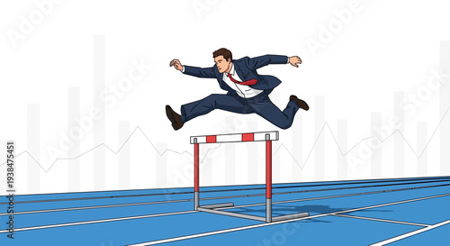 Businessman Jumping Over Hurdle on Track.