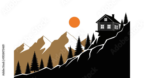 Cabin on Mountain Slope with Trees.