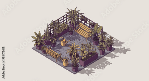 Isometric View of Tropical Garden with Pergola.