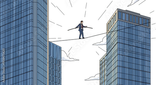 Man Balancing on Tightrope Between Skyscrapers.