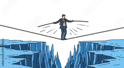 Man Balancing on Tightrope over Deep Chasm.