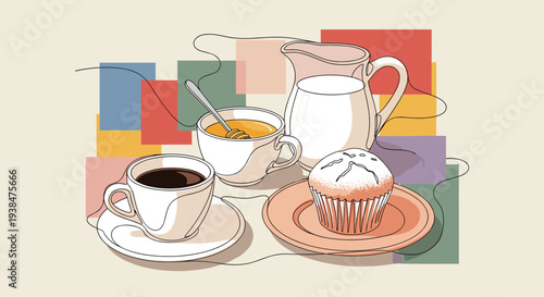 A cozy coffee scene featuring a cup, saucer, muffin, and milk jug in a minimalist style