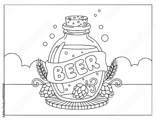  Beer bottle with hops and wheat in a line art style for a coloring page
