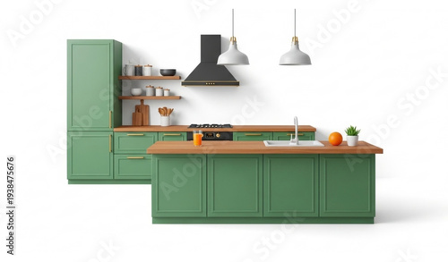 Modern kitchen interior vector with wooden counter, green cabinets, and fresh orange juice on white background