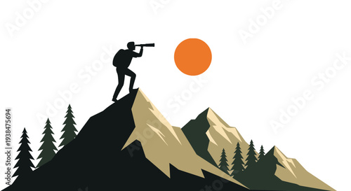 Man Standing on Mountain Peak Looking Through Binoculars.