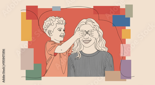 A joyful illustration of a child playfully covering a woman's eyes, featuring a modern, minimalist style with vibrant colors and geometric shapes