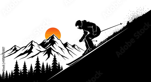 Skiing Man on Mountain Slope Silhouette.
