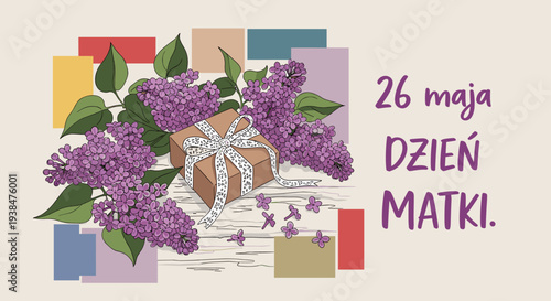 A beautifully illustrated gift box adorned with lilac flowers in a modern, colorful style, perfect for Mother's Day