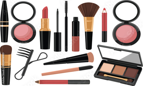 Makeup and Cosmetic Products Vector Illustration Set with Lipstick Blush Powder Brushes Eyeshadow Palette Mascara and Beauty Accessories