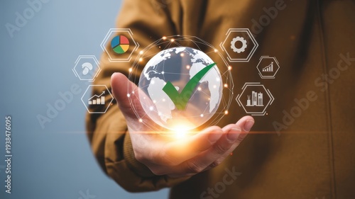 Global Business Growth and Success Verified with Digital Technology and Sustainability Icons