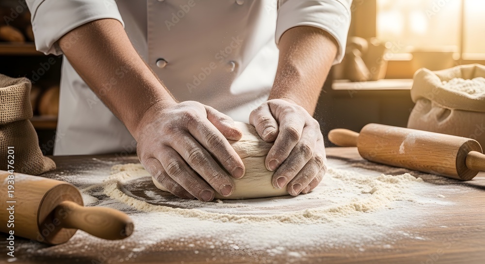 Fototapeta premium Flour covered baker hands kneading soft bread dough on wooden baking table