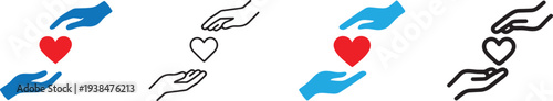 Hands reaching with heart icon set. Support, love, care and charity outline symbols for community.