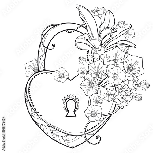 Outline padlock heart with bouquet of Kalmia latifolia or mountain laurel in black isolated on white background.