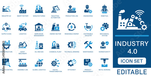 Industry 4.0 icon set. featuring smart factory, robotics, automation, and manufacturing elements in blue flat style for industrial workflow and digital transformation.
