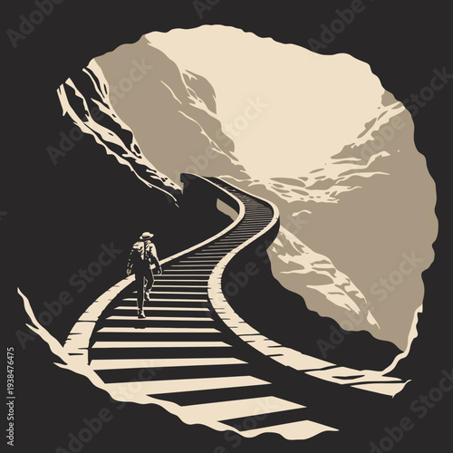 A person walks up a winding staircase leading to a mountain peak