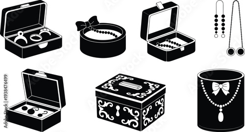 Black jewelry silhouettes set with necklaces pendants and decorative jewelry boxes icons collection for fashion design retail branding and craft projects.