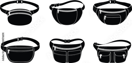Black and white waist bag icons set with fanny packs belt bags hip pouches and travel bum bags isolated vector