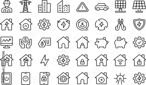 Smart Energy and Electrical Service Line Icon Set with Power Solar Battery Home Technician and Utility Symbols Vector Outline Collection