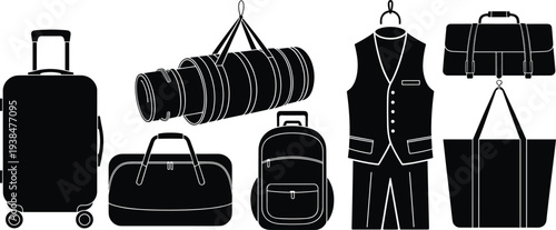 Black and white luggage icons set including suitcase backpack duffel bag travel tote and vest isolated on white background vector