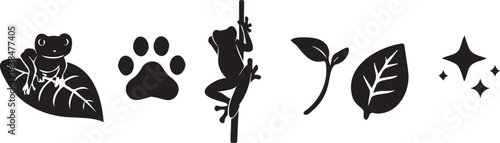 Collection of black silhouettes of frogs leaves and animal paw print on a white background, perfect for nature-themed designs and illustrations.