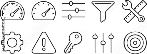 Collection of simple black icons representing various tools and symbols for business and technology on a white background