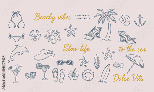 Hand drawn doodle summer beach, sea and surf vector illustration collection. Summer sea elements, marine doodles. Coastal beach vacation drawings