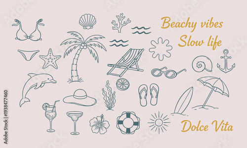 Hand drawn doodle summer beach, sea and surf vector illustration collection. Summer sea elements, marine doodles. Coastal beach vacation drawings