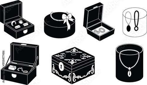 Black and white jewelry box icon set with luxury rings necklaces gift packaging and ornate treasure chests isolated on white background