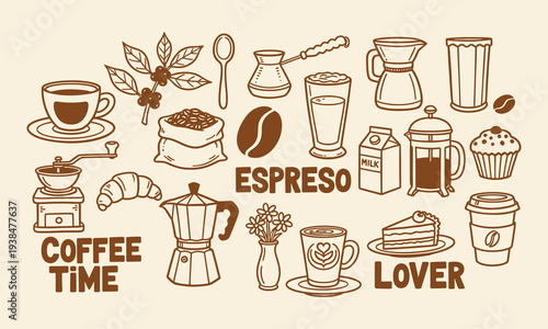 Whimsy breakfast with coffee cup, machine, croissant, cafeteria food. Hand drawn doodle coffee elements