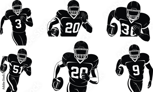 American football player icons set running with ball wearing helmet and jersey silhouette isolated on white background for sports design