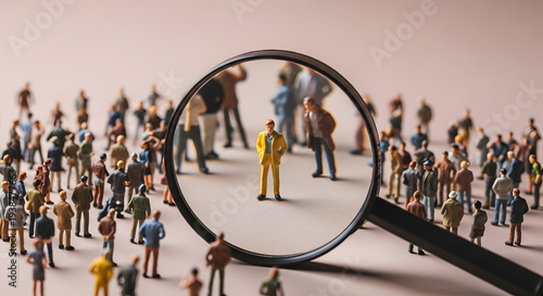 Magnifying glass over crowd of people investigation