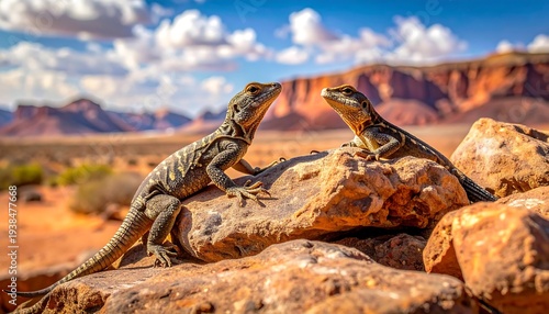 Two lizards bask on rocks in a desert landscape with mesas and a cloudy blue sky in the background