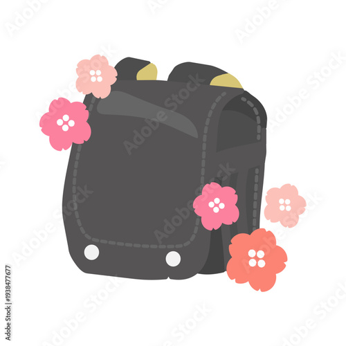 桜と黒色のランドセルのイラスト