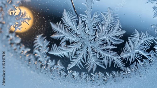 Frozen frost on glass surface closeup.