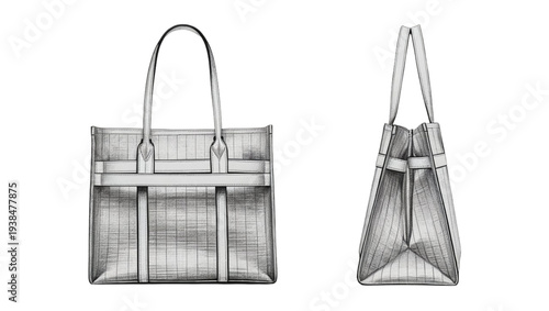 Two gray tote bags with white accents in sketch style