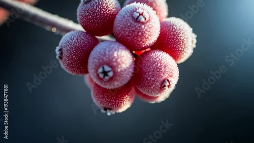 Frozen red berries on a branch.