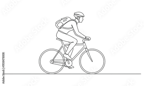 Cyclist riding a road bicycle in continuous one line drawing style. maybe he want to going to school or campus