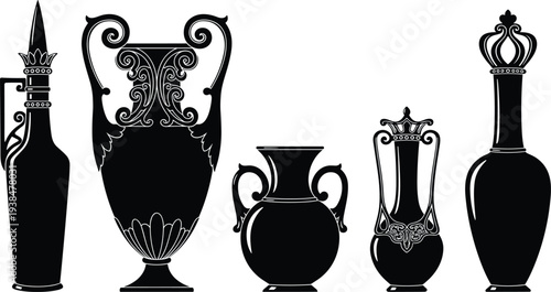 Gothic vase silhouettes, ornate urns, decorative pottery, crown motif, floral scrollwork, antique outline, black illustration, classical art design figure
