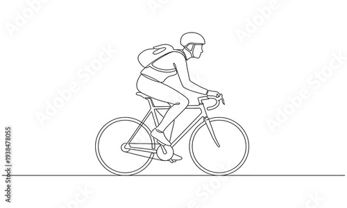 Cyclist riding a road bicycle in continuous one line drawing style. maybe he want to going to school or campus