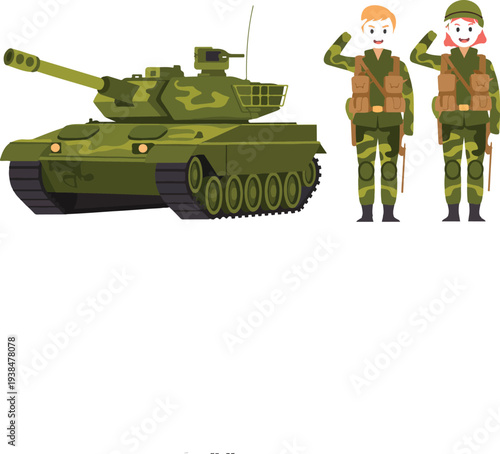Male and Female Army Soldiers Carrying Backpacks with Military Tank Cartoon Characters Military Service Vector Illustration Collection