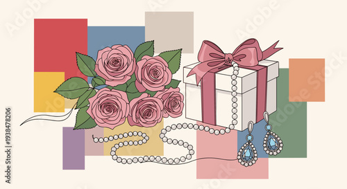 A beautiful arrangement of pink roses alongside a gift box adorned with a ribbon and jewelry, in a modern flat style